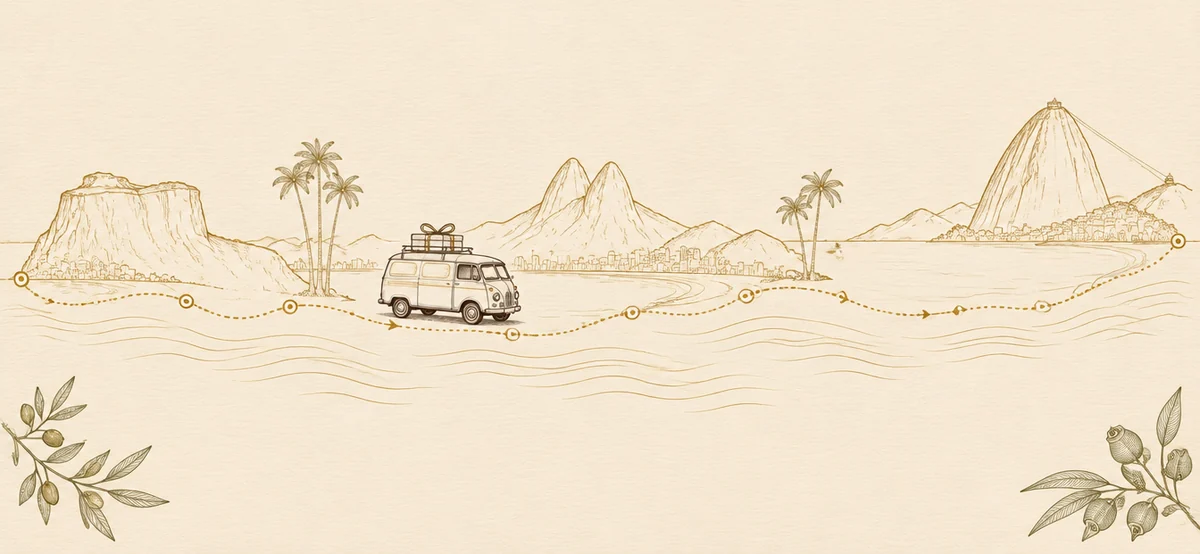 Mapa ilustrado da orla do Rio de Janeiro, do Recreio ao Flamengo, com uma kombi levando uma caixa de presente ao longo de uma rota pontilhada