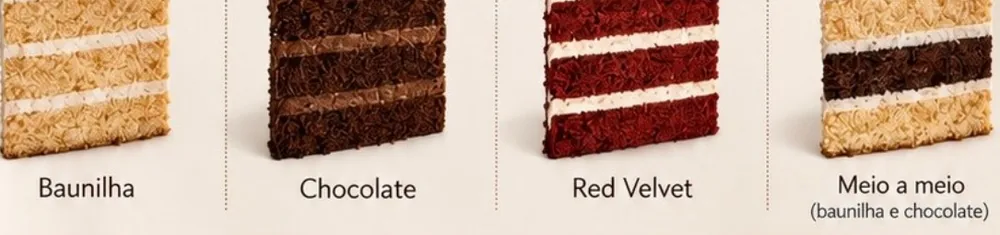 Fatias das massas: baunilha, chocolate, red velvet e meio a meio